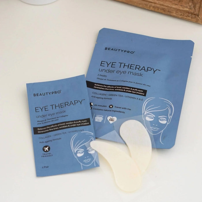 Two BeautyPro eye therapy masks on a white surface