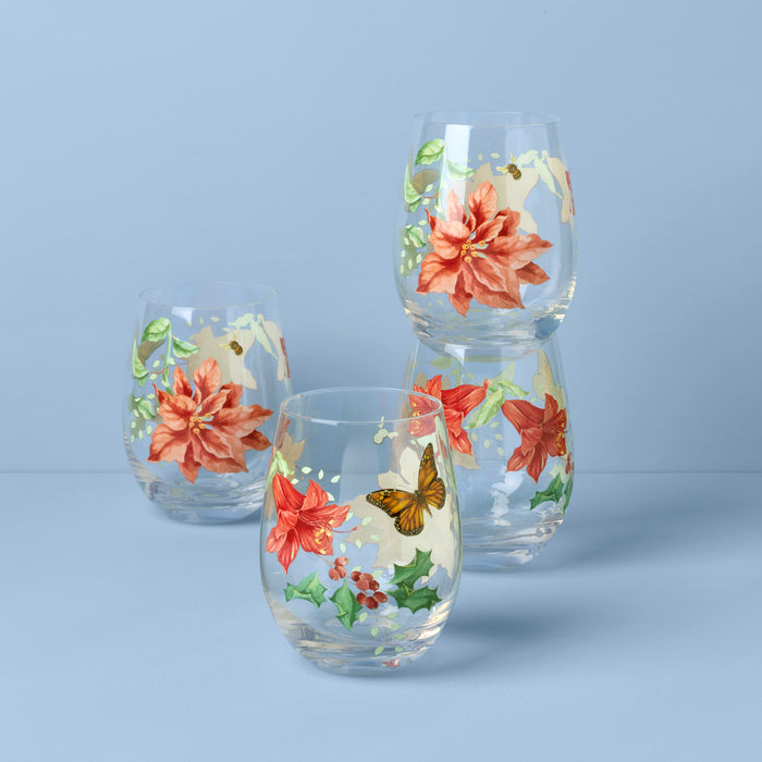 Butterfly Meadow Holiday Stemless Wine Glasses, Set Of 4