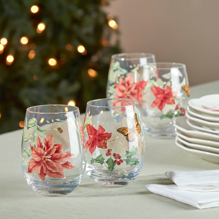 Butterfly Meadow Holiday Stemless Wine Glasses, Set Of 4