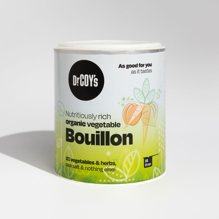 Dr. Coy's organic vegetable bouillon can on a white background