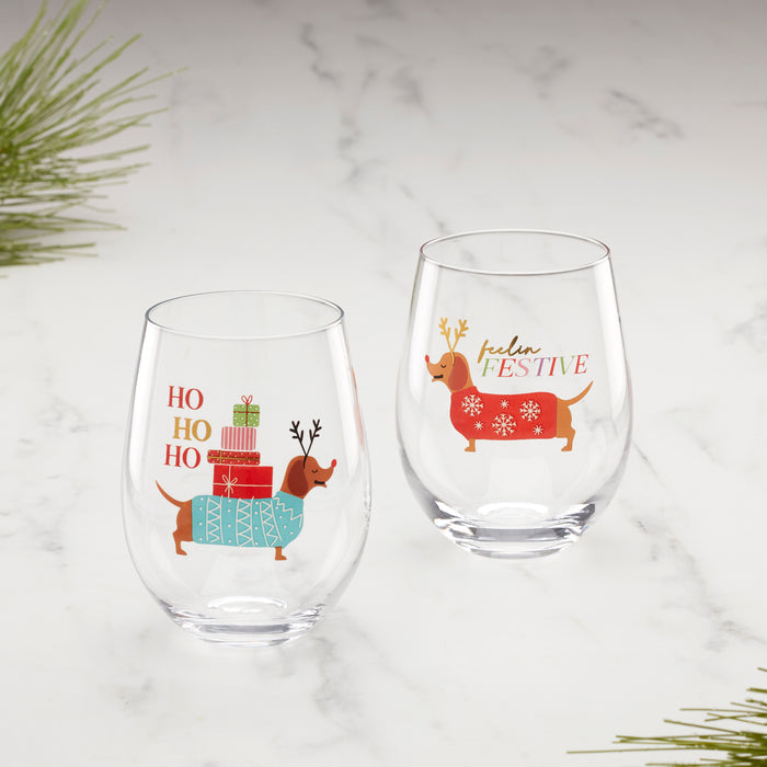 Feeling Festive Dog Stemless Wine Glasses, Set of 2
