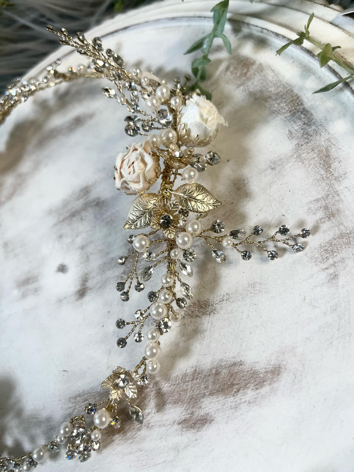Flower Crystal Pearl Gold Hairband