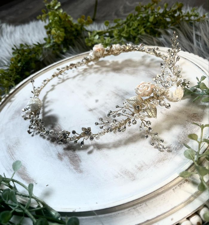 Flower Crystal Pearl Gold Hairband
