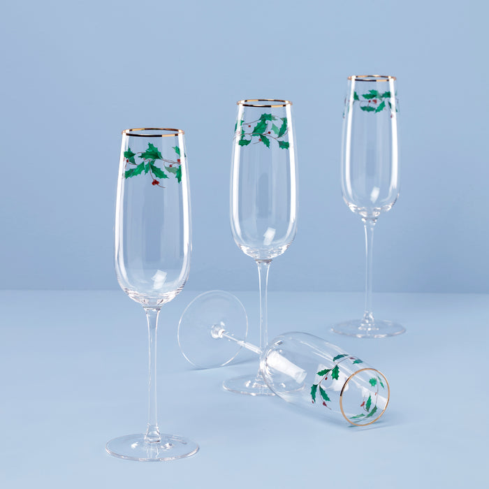 Holiday Decal Flute Glasses, Set of 4