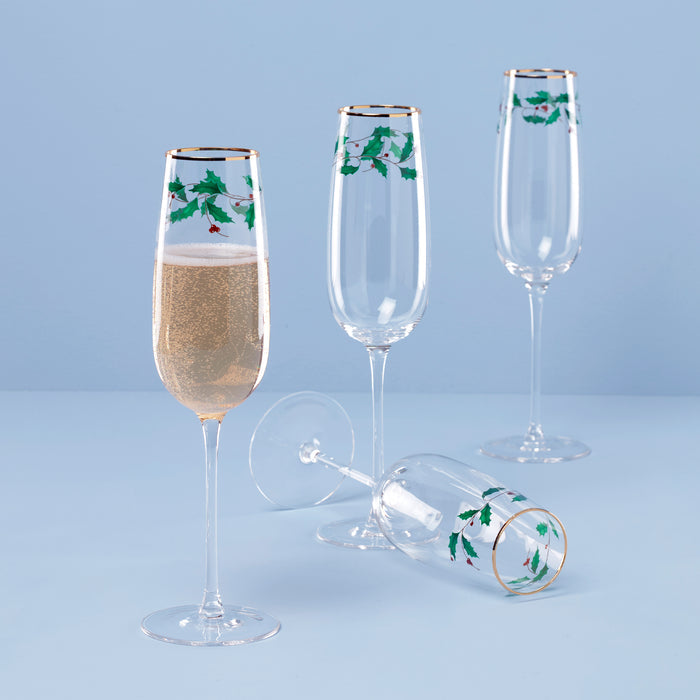 Holiday Decal Flute Glasses, Set of 4