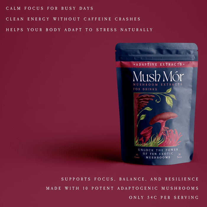 A stand-up pouch of Mush Mor mushroom extracts for drinks with benefits in text