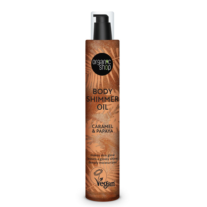 bottle of Organic Shop Caramel & Papaya Body Shimmer Oil