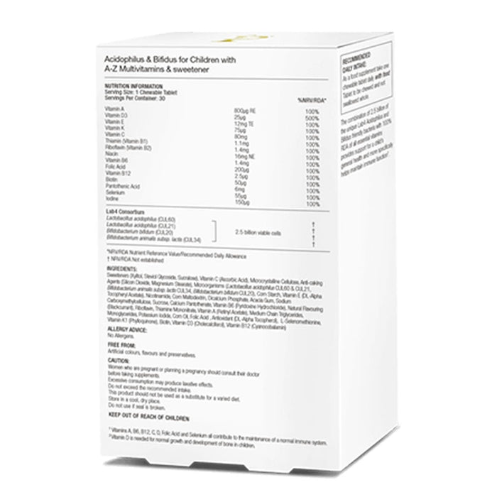 Proven Probiotics Acidophilus & Bifidus with A-Z Multivitamins for Children back of box